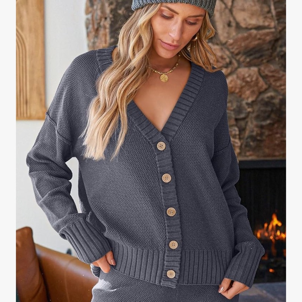 Women's Blue Button-Up Sweater Set